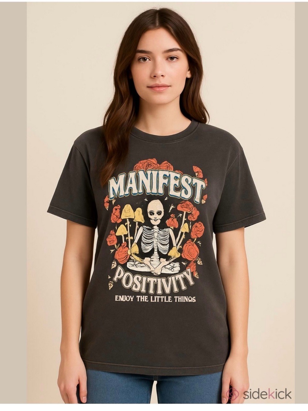 Orange Kiss Manifest Positivity Graphic Tee Size XL Acid Wash Gray Boho Goth - Picture 2 of 12